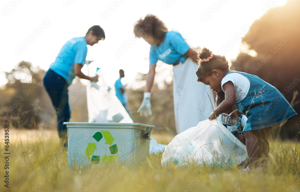 Nature, community service and family recycle, cleaning garbage pollution and support environment, vo