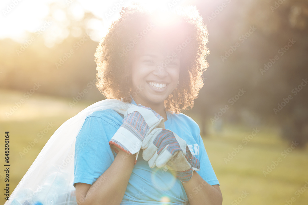 Nature portrait, community volunteer and happy woman cleaning garbage, eco waste and plastic trash. 