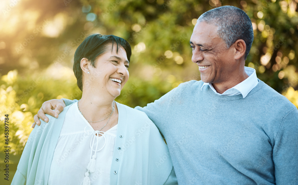 Love, smile and senior couple in park laughing for comic, comedy or funny joke in conversation. Happ