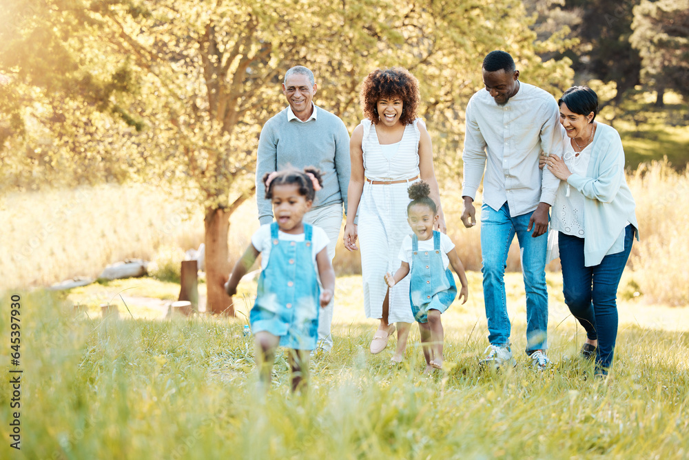 Park, walking and happy family generations for bonding, having fun and talking together. Love, smile