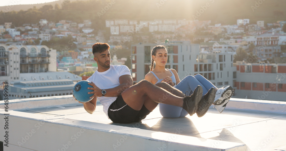 Health, medicine ball and fitness with couple in city for training, sports and support. Wellness, wo