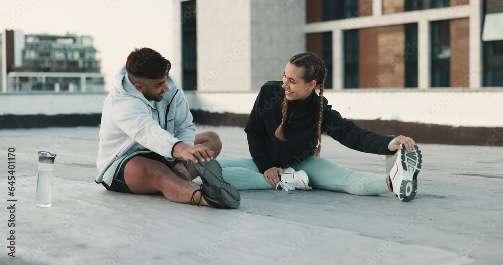 Fitness, couple and stretching body on rooftop in workout, exercise or outdoor training together. Ha