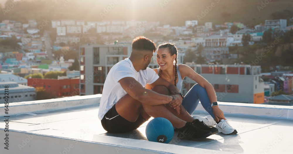 Fitness, rest and happy couple outdoor for exercise, workout or training together on a city building