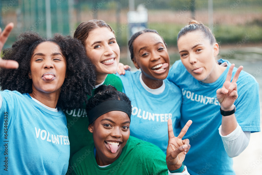 Volunteer, portrait and woman for charity and community support on netball field with diversity and 