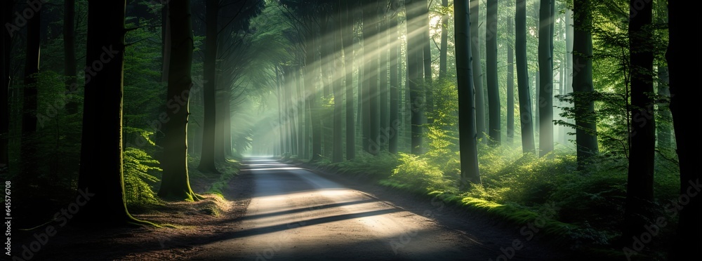 countryside forest road with sunlight ray shine through tree canopy, Generative Ai