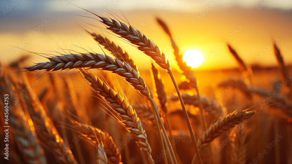 Wheat crop in the field at sunset