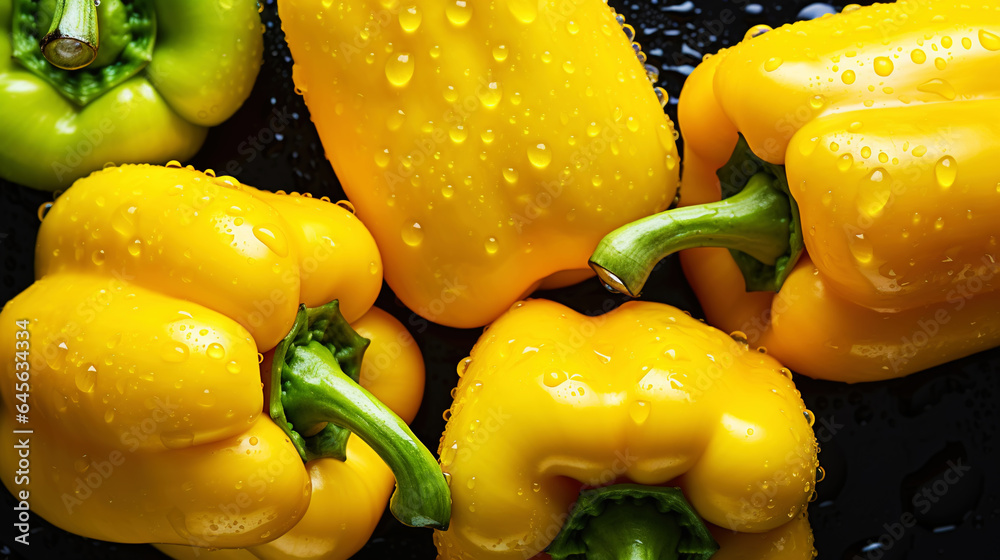 Fresh yellow bell peppers with water drops background. Vegetables backdrop. Generative AI