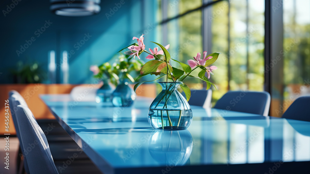 Modern minimalist corporate conference room with glass table in blue shades. Generative AI