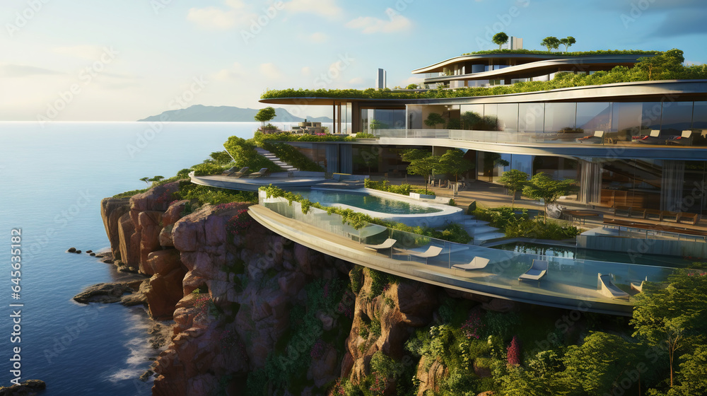 Luxury contemporaty villa on a mountain hill with a view on ocean. Generative AI