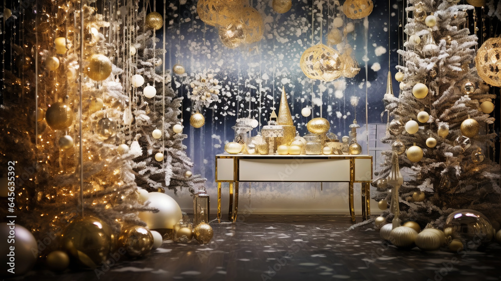 Modern shiny creative Christmas backdrop. Golden festive New Year background. Generative AI