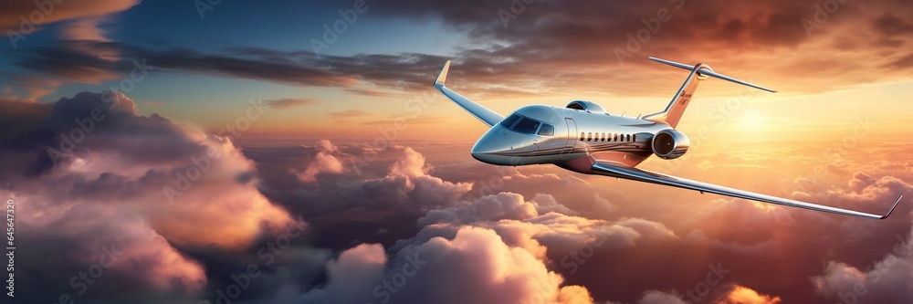 Luxury private jet flying above the clouds, beautiful sunset on background. Travel and airplane conc