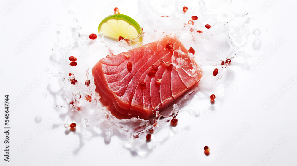 Slices of tuna fish on the ice cubes. Fresh fish fillet. Seafood background. Generative AI