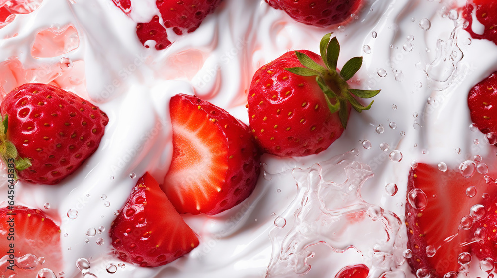 Yogurt and fresh strawberries, background. Top view. Generative AI