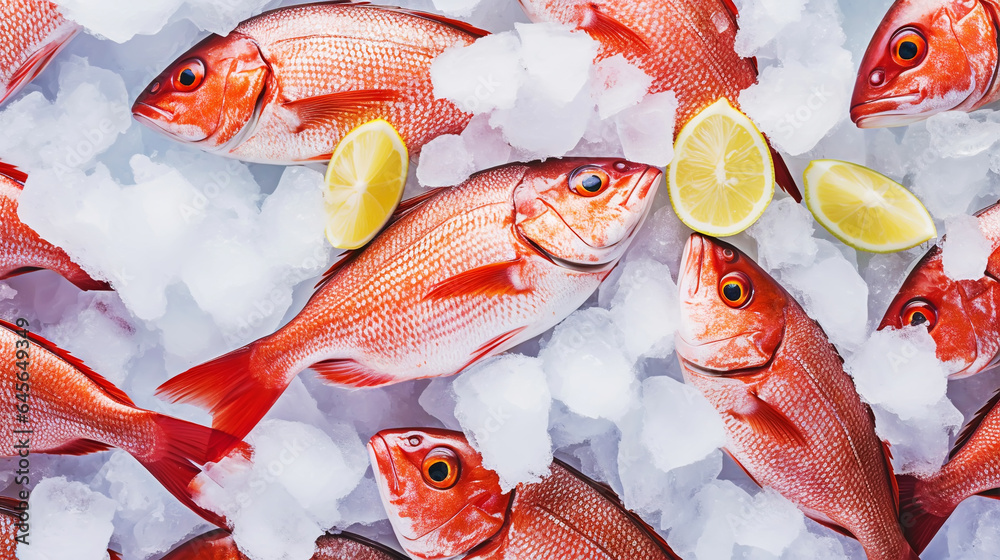 Red snapper fish catch in ice cubes. Seafood background. Generative AI