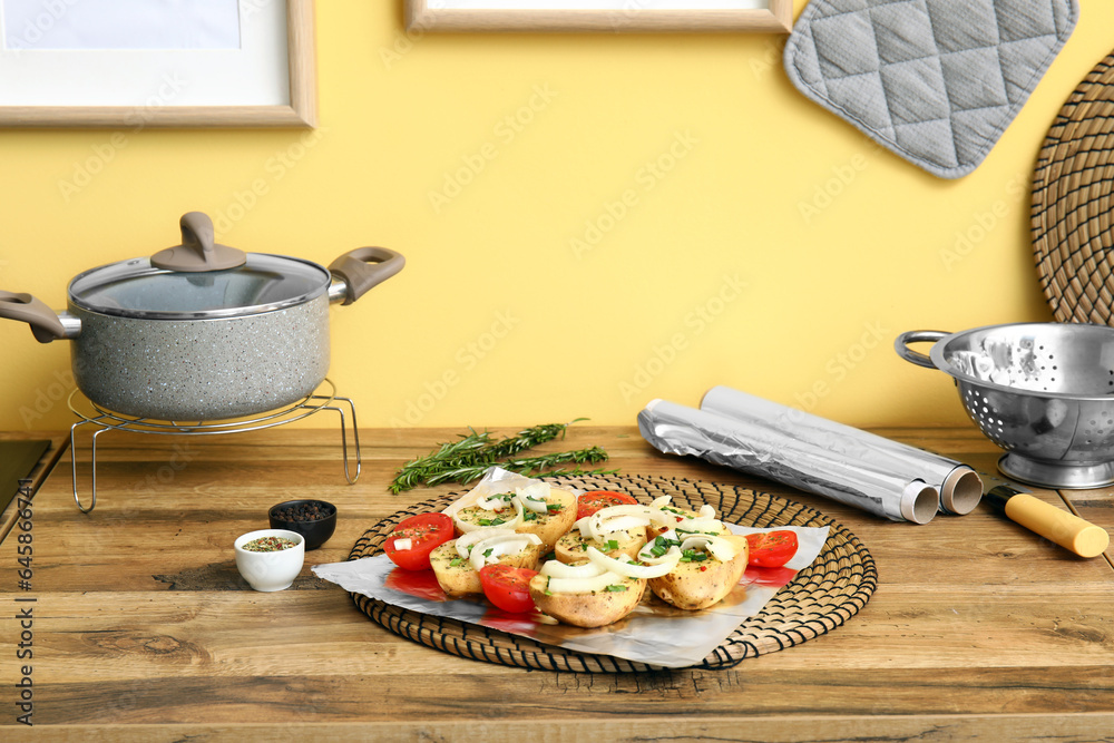 Sheet of aluminium foil with raw vegetables and spices on wooden table in kitchen