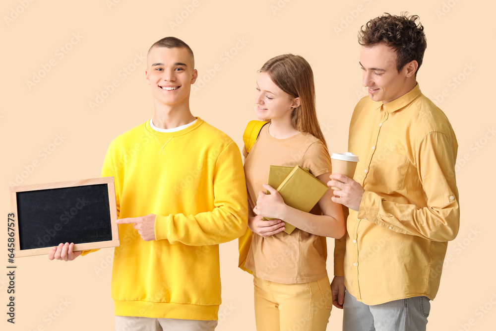 Group of students with books and blackboard on pale yellow background