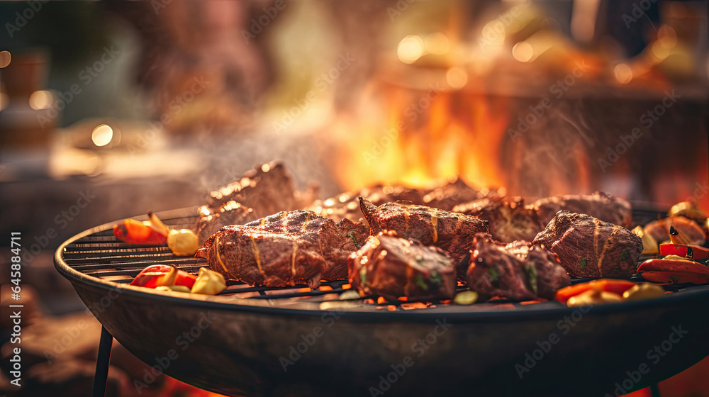 Meat on the barbecue and group of friends. Generative Ai