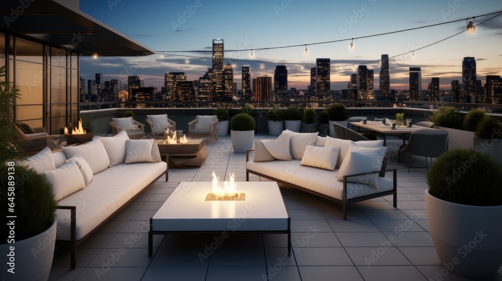 Rooftop lounge and cozy seating with panoramic views at city skyscraper, Modern decor.