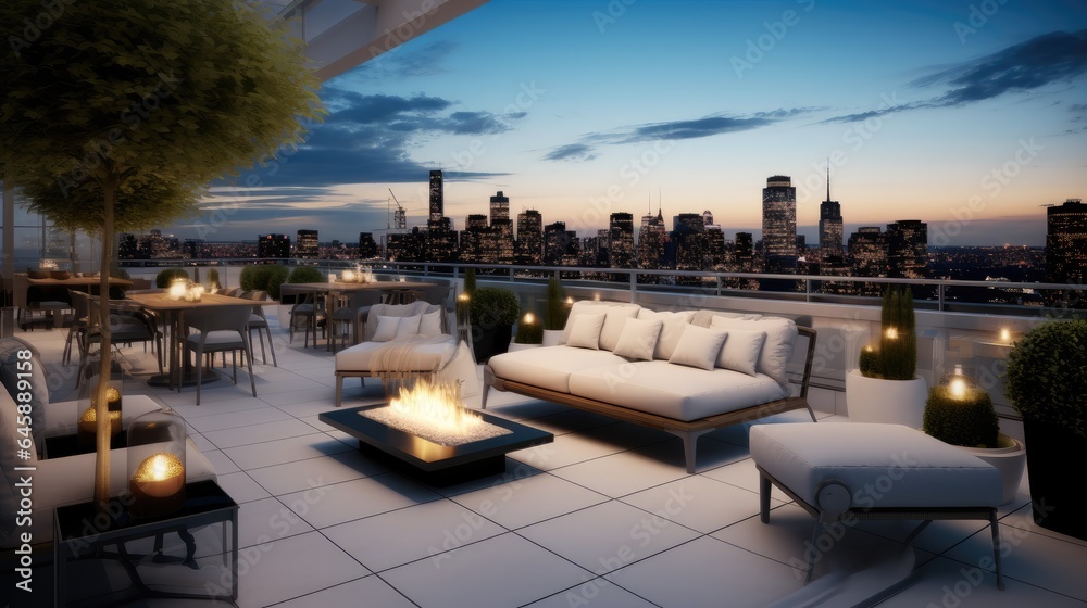 Rooftop lounge and cozy seating with panoramic views at city skyscraper, Modern decor.