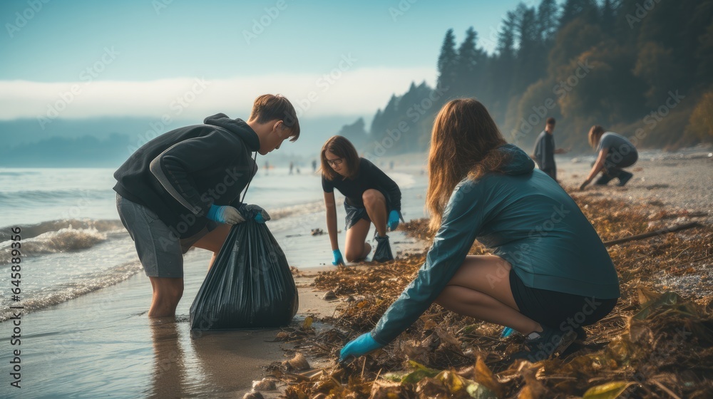 Group of volunteers working together to remove litter from the shoreline.