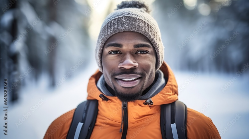 Winter hiker or cross country skier, African American man in warm clothes with snow covered landscap