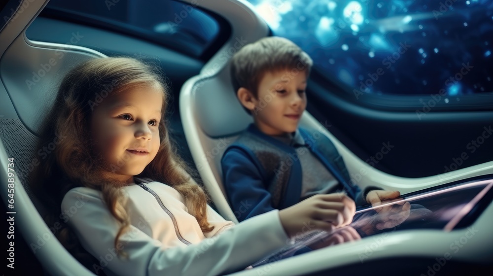 Two children are ride in a self driving car controlled by an artificial intelligence autopilot Futur