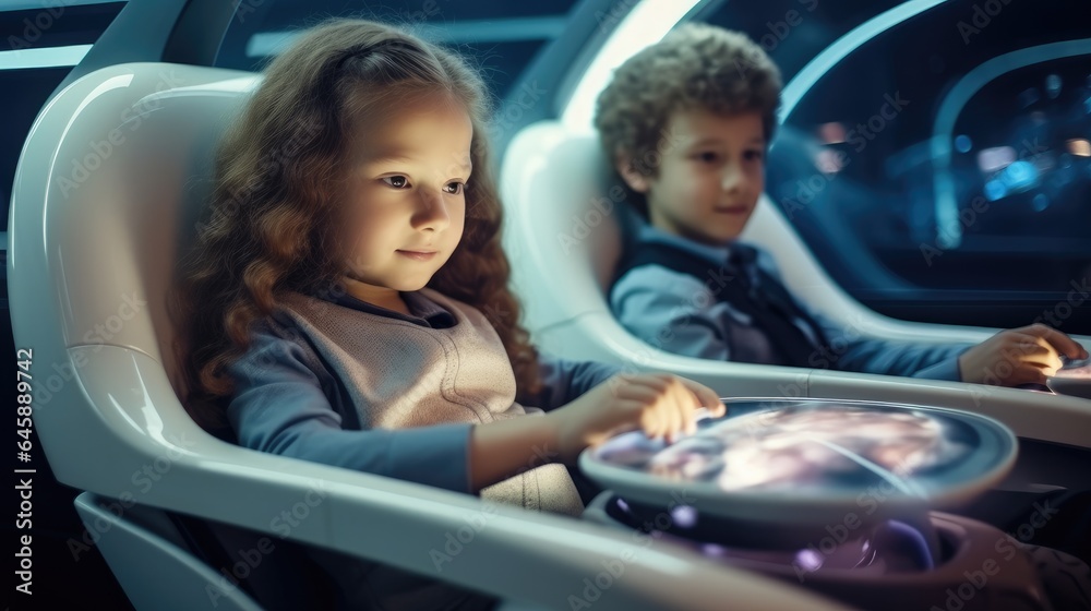 Two children are ride in a self driving car controlled by an artificial intelligence autopilot Futur