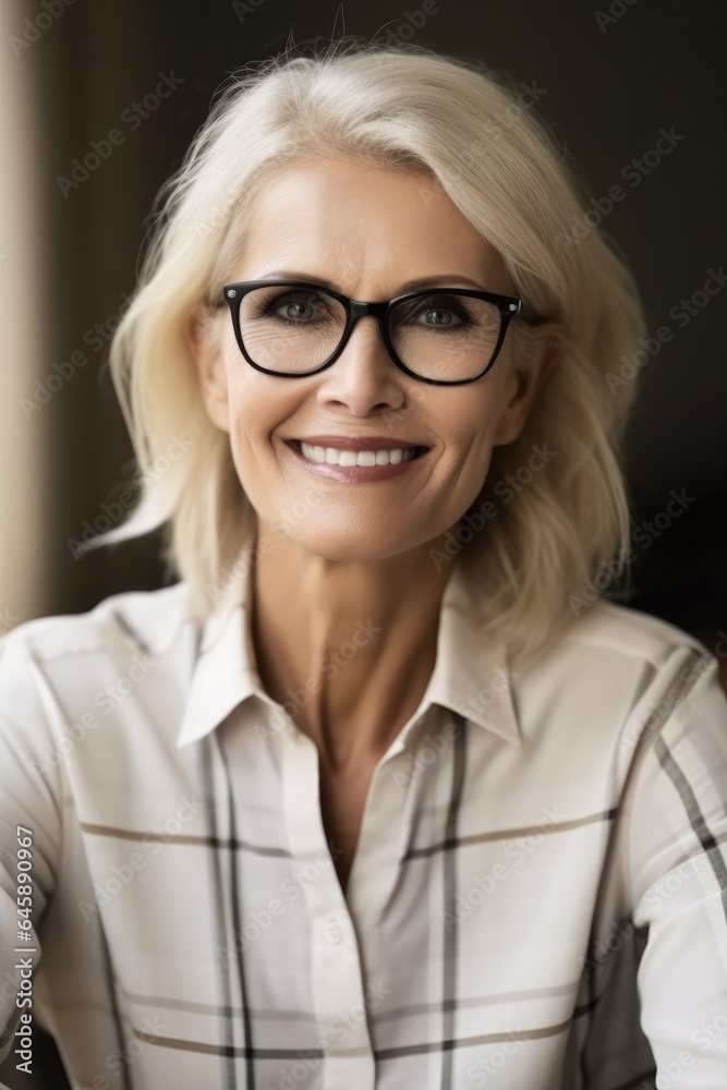 Happy confident senior woman wear glasses at modern office.