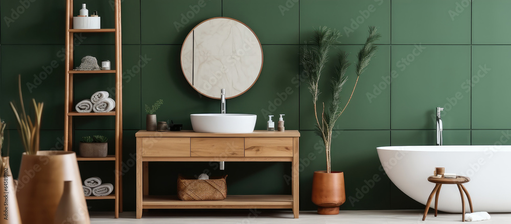 Mirror and table in modern bathroom with bathtub and green wall.