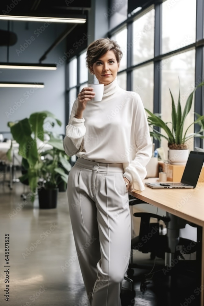 Portrait of businesswoman with coffee standing in modern office.