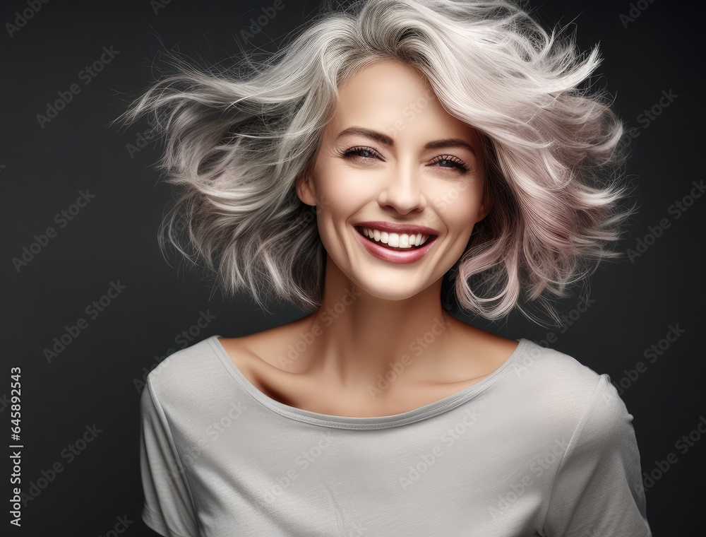 Portrait of smile woman with gray hair on gray background.