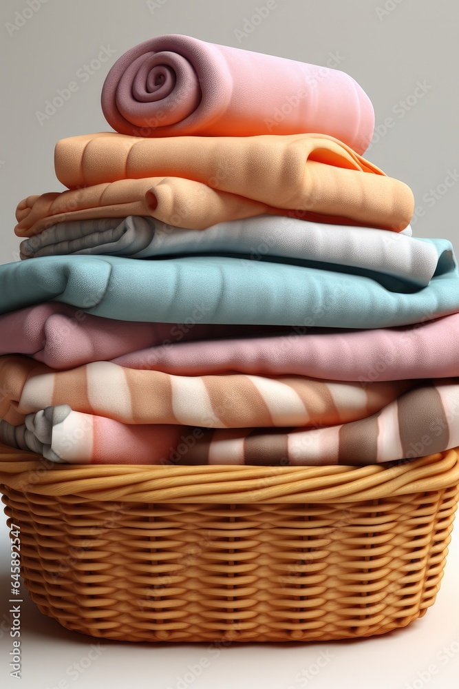 Wooden basket with dirty laundry on floor.