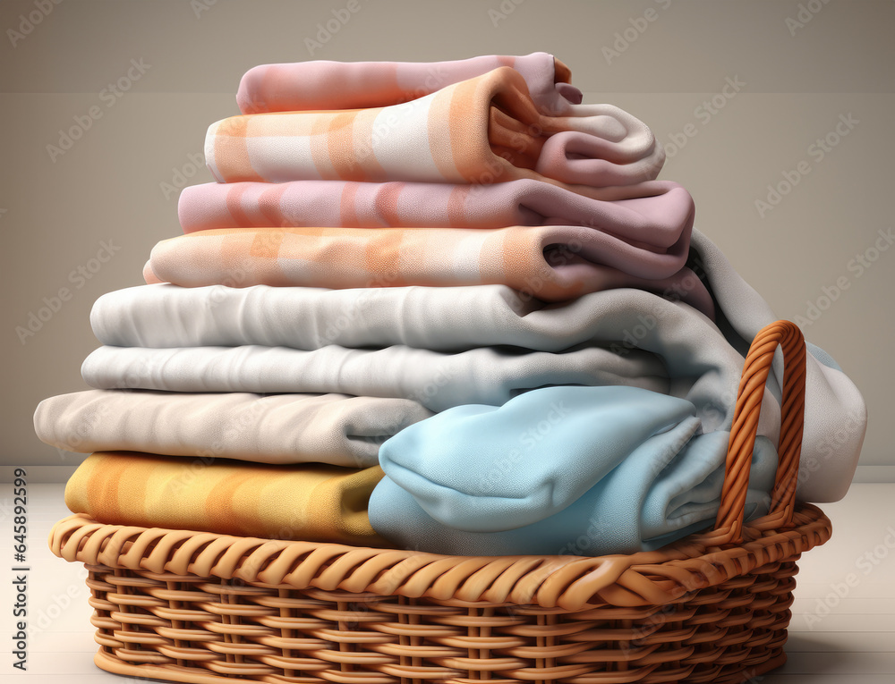 Wooden basket with dirty laundry on floor.