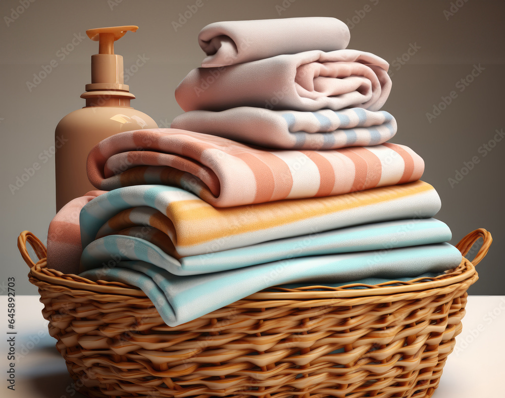 Stack of clean towels in a laundry basket.