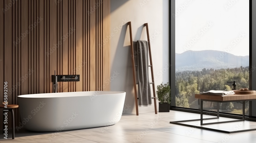 Bathroom interior with wash basin and tub in modern house.