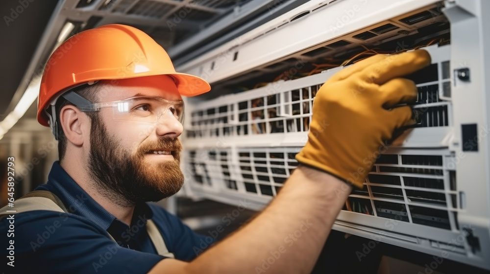 Technician repairing air conditioner on the wall at home.