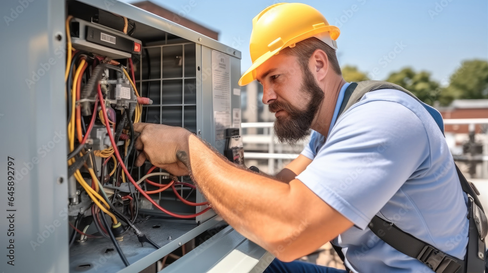 Technician working on air conditioning outdoor unit, Repairing air conditioner.