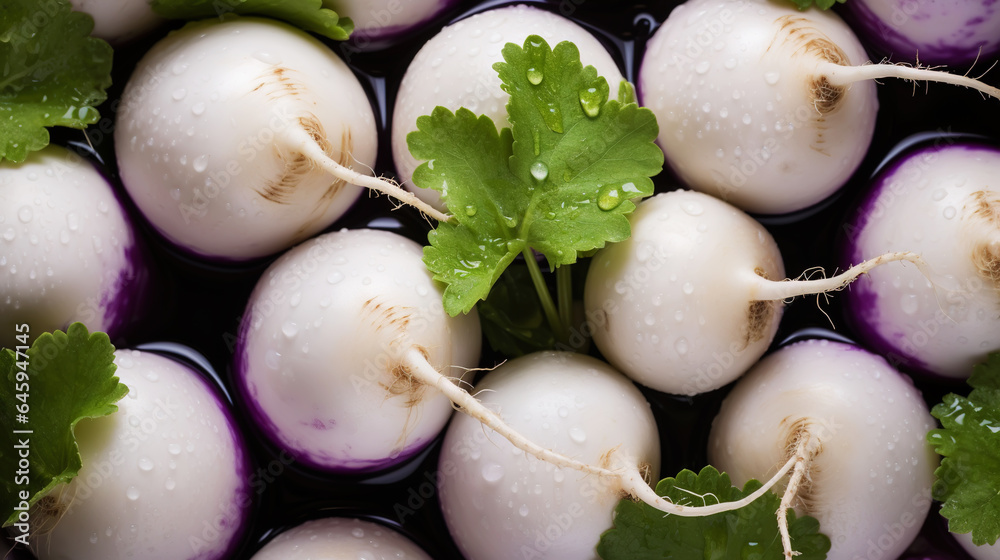 Fresh turnips with water drops background. Vegetables backdrop. Generative AI