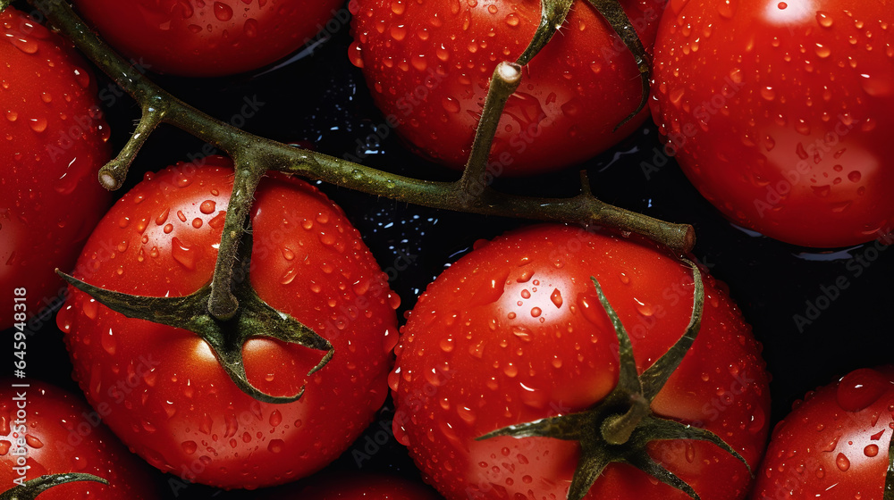 Fresh red tomatoes with water drops background. Vegetables backdrop. Generative AI