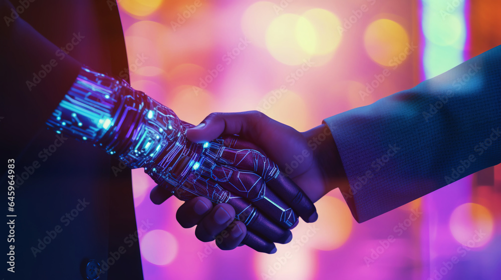 Business handshake of human and robot. Collaboration of artificial intelligence and man. Generative 