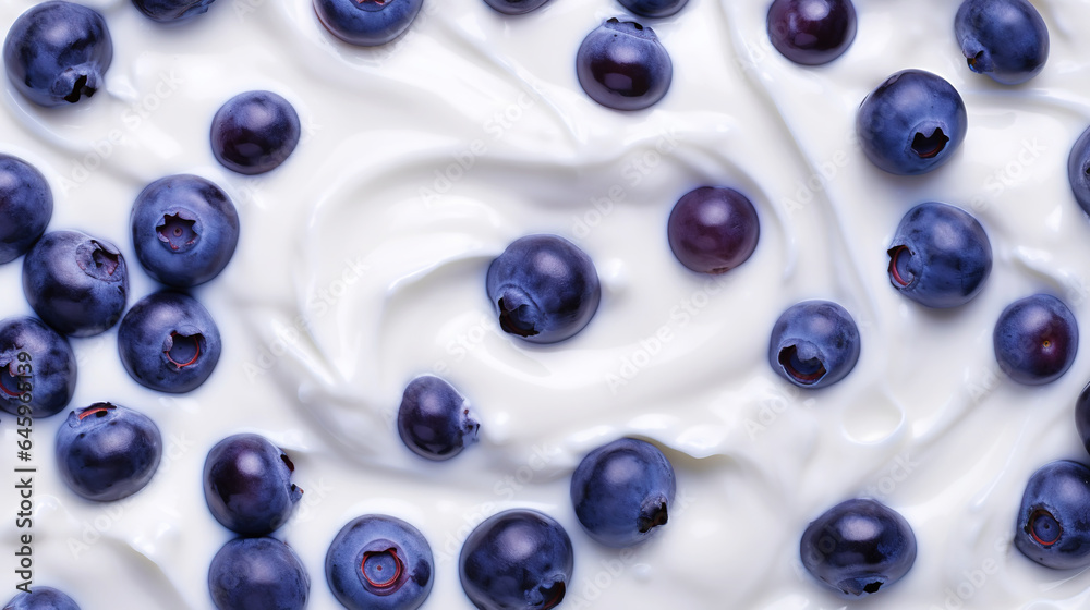 Yogurt and fresh berries blueberries, background. Top view. Generative AI