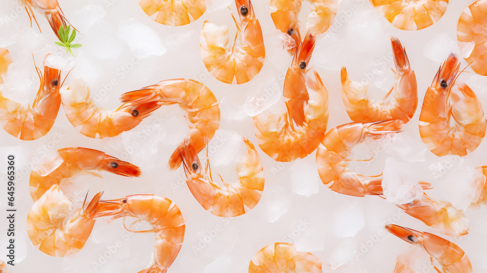 Top view of raw whole shrimps on ice. Seafood background. Generative AI