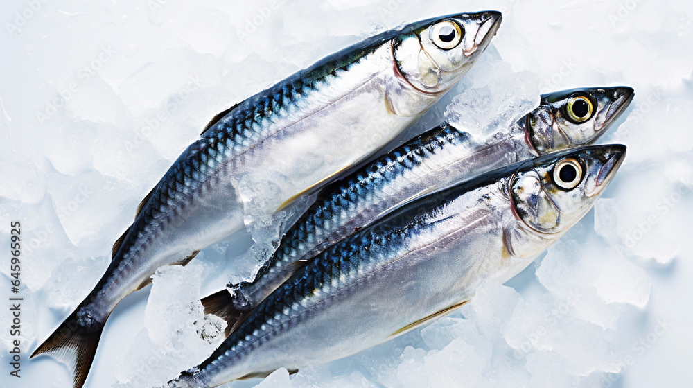 Fresh mackerel fish (Scomber scrombrus) on ice. Seafood background. Generative AI