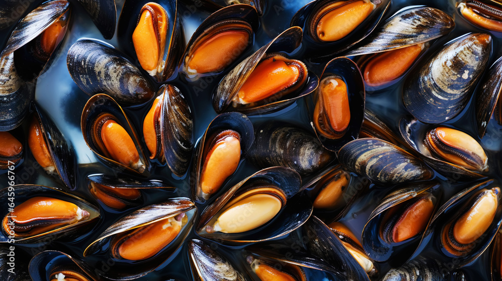 Raw Mussels on ice in the restaurant . Fresh seafood shellfish background. Generative AI