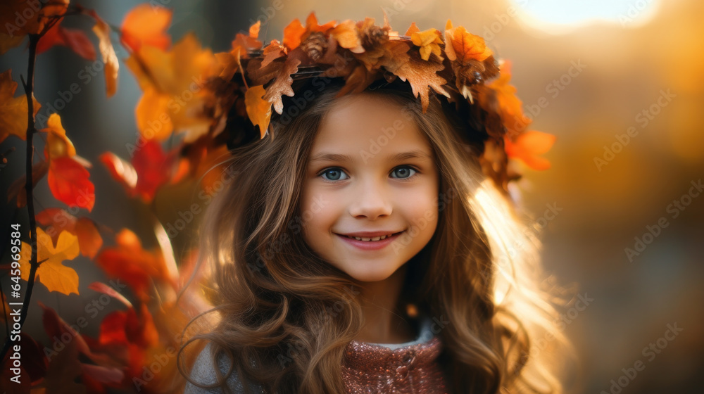 6 years old girl smiling warmly, crowned with vivid autumn leaves, against blurred park background. 