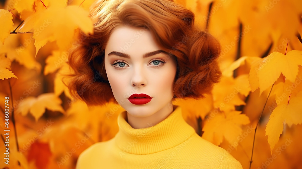 Beautiful model with autumn leaves