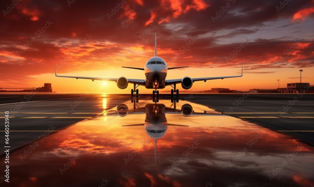 The sun is setting behind a plane on an airport