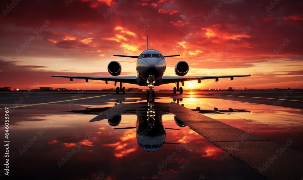 The sun is setting behind a plane on an airport