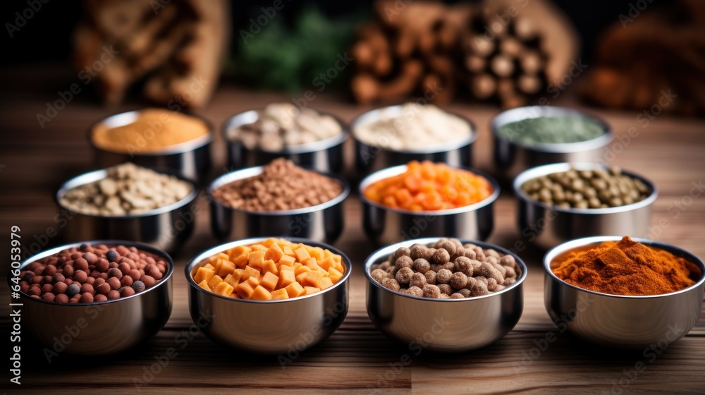 Different kinds of food bowls filled with various types of food