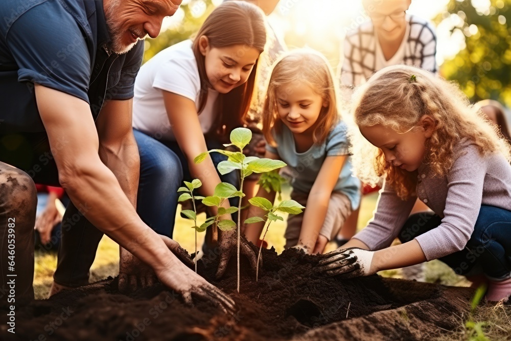 Family planting tree in garden